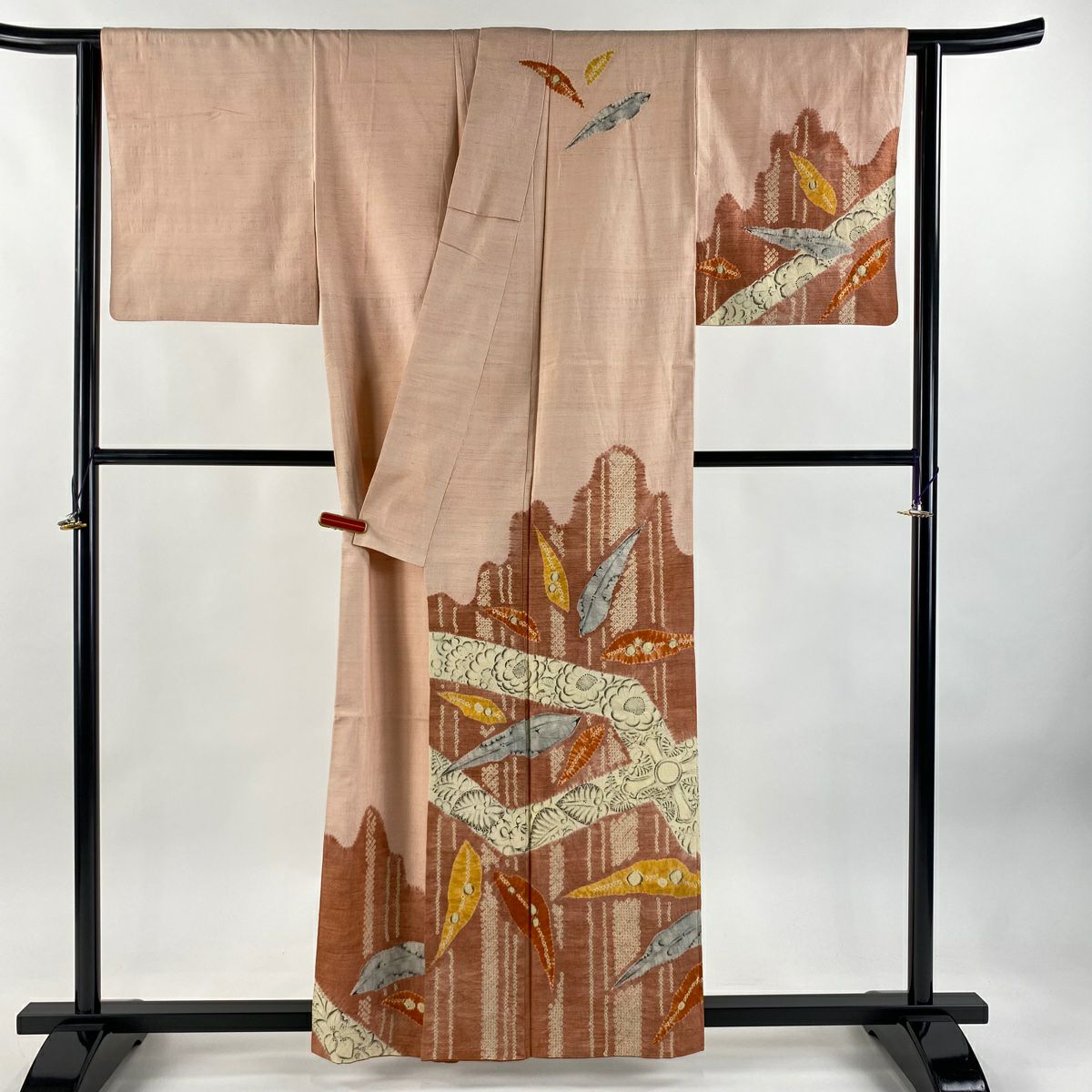 訪問服 身長159.5cm 袖長64.5cm M 雙層 大脇一心 紬織織 落款あり 草花紋紋 葉柄 絞染 淺粉紅 純蠶絲 逸品級