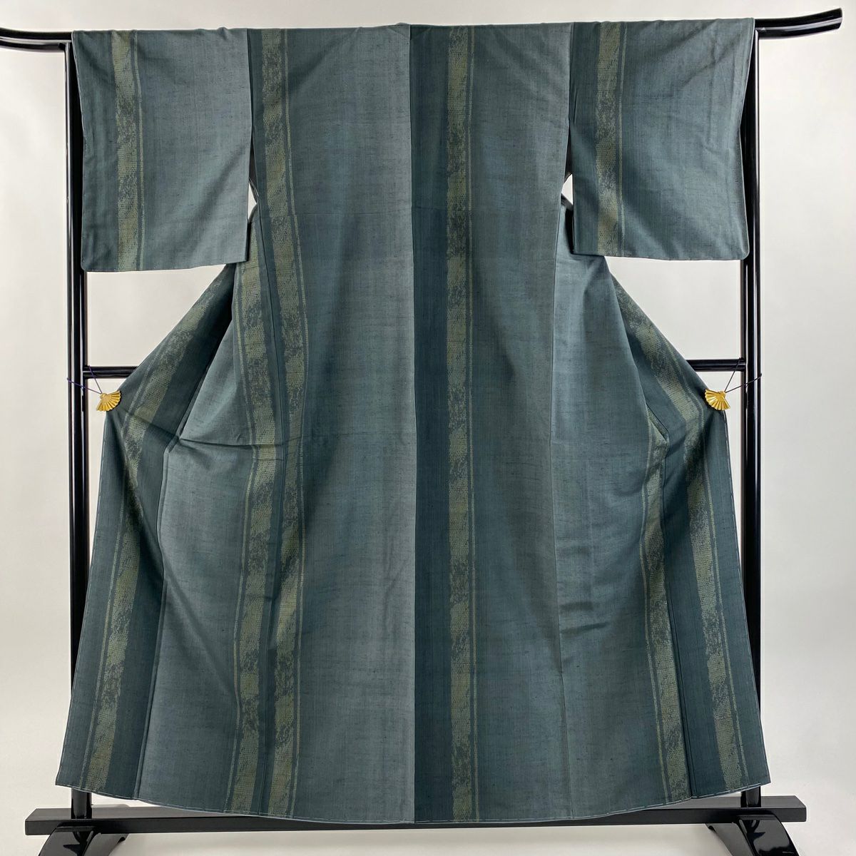 【美品】 結城紬織 身長158.5cm 袖長66cm M 雙層 はたおり娘 やまと 證書あり 縞 龜甲絣 灰綠 純蠶絲 逸品級