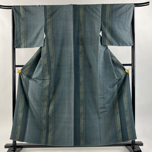 【美品】 結城紬織 身長158.5cm 袖長66cm M 雙層 はたおり娘 やまと 證書あり 縞 龜甲絣 灰綠 純蠶絲 逸品級