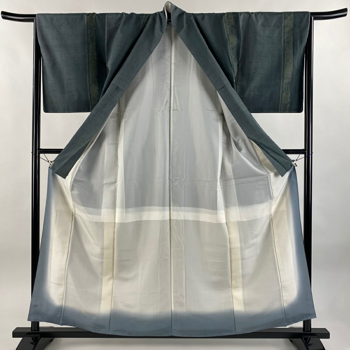 【美品】 結城紬織 身長158.5cm 袖長66cm M 雙層 はたおり娘 やまと 證書あり 縞 龜甲絣 灰綠 純蠶絲 逸品級