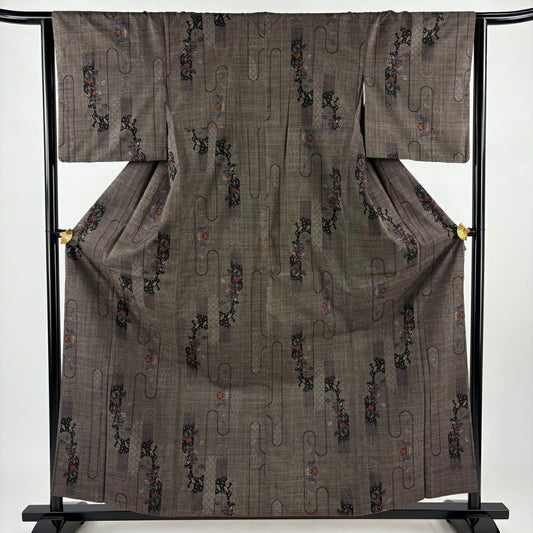 【美品】 紬織織 身長160cm 袖長63cm S 雙層 草花紋紋 龜甲 焦茶 純蠶絲 秀品級