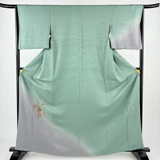 付下 身長163.5cm 袖長65.5cm M 雙層 落款有 椿地紋 刺繡 漸層 灰綠 純蠶絲 秀品級 一つ紋