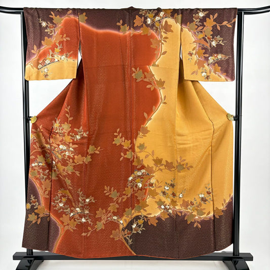 訪問服 身長154.5cm 袖長65cm M 雙層 橘色 笠 金通し 金銀彩 紅茶 純蠶絲 秀品級