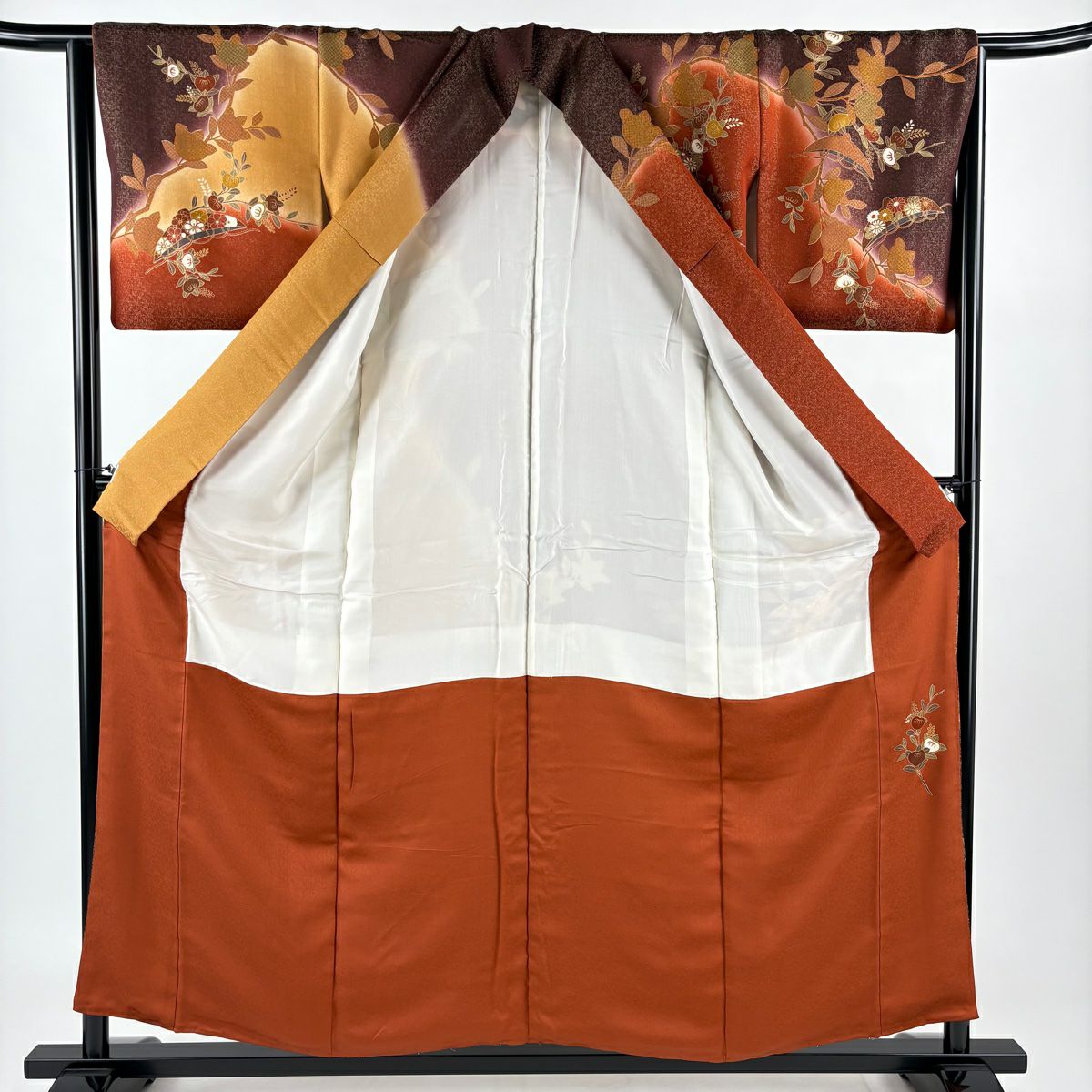 訪問服 身長154.5cm 袖長65cm M 雙層 橘色 笠 金通し 金銀彩 紅茶 純蠶絲 秀品級