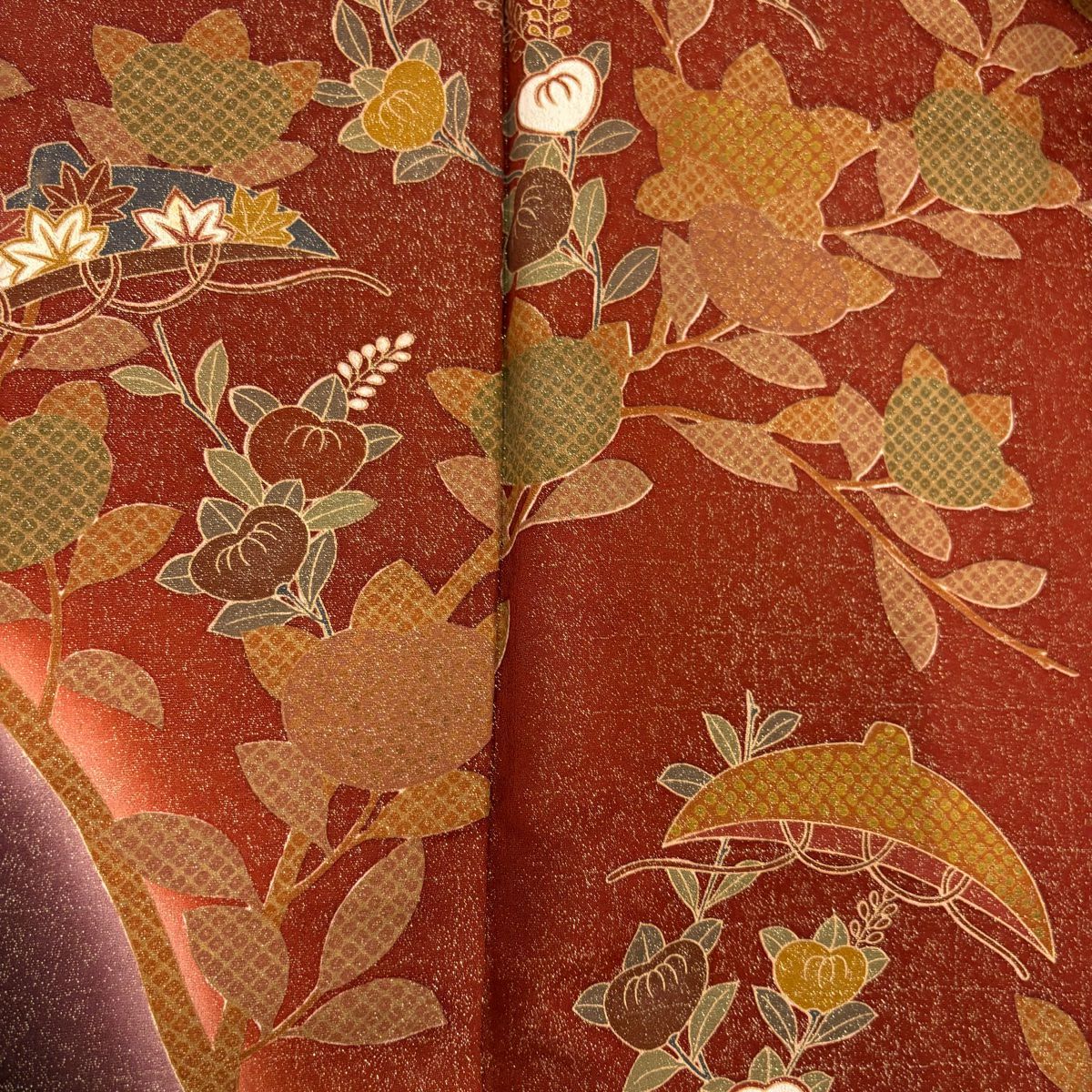 訪問服 身長154.5cm 袖長65cm M 雙層 橘色 笠 金通し 金銀彩 紅茶 純蠶絲 秀品級