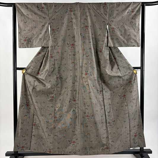 紬織 身長158.5cm 袖長63cm S 雙層 花唐草紋 焦茶 純蠶絲 秀品級