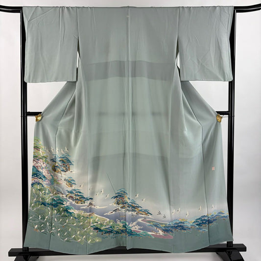 色留袖禮服 身長156cm 袖長65cm M 雙層 落款あり 海邊的風景 松樹 標漸 灰綠 純蠶絲 秀品級 一つ紋