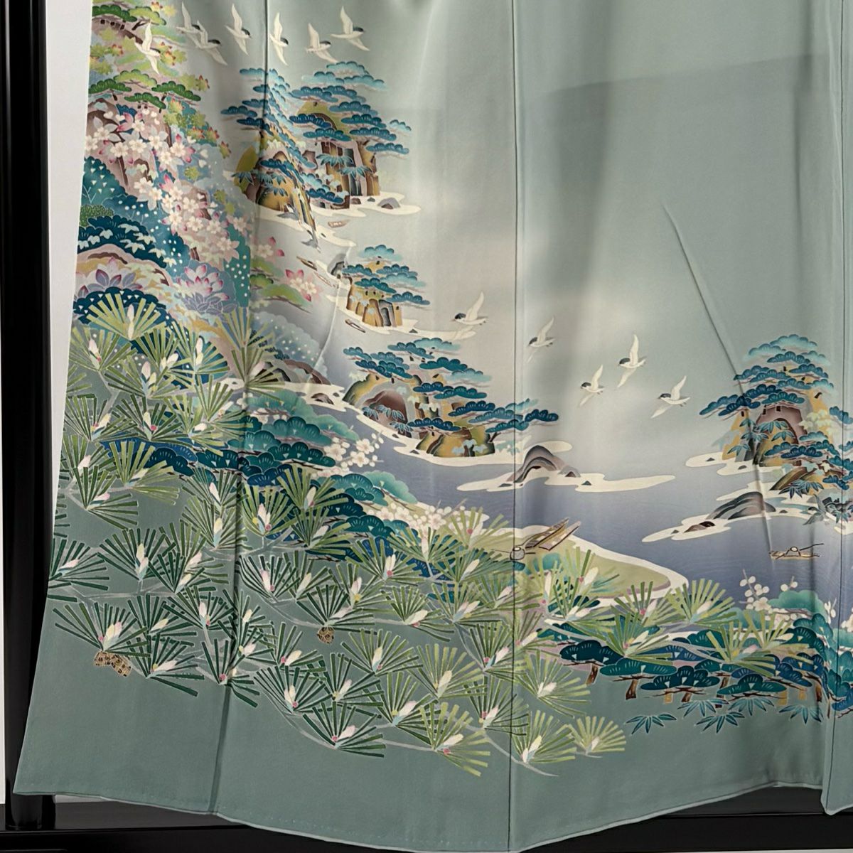 色留袖禮服 身長156cm 袖長65cm M 雙層 落款あり 海邊的風景 松樹 標漸 灰綠 純蠶絲 秀品級 一つ紋