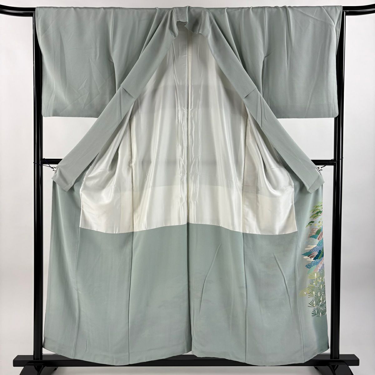 色留袖禮服 身長156cm 袖長65cm M 雙層 落款あり 海邊的風景 松樹 標漸 灰綠 純蠶絲 秀品級 一つ紋