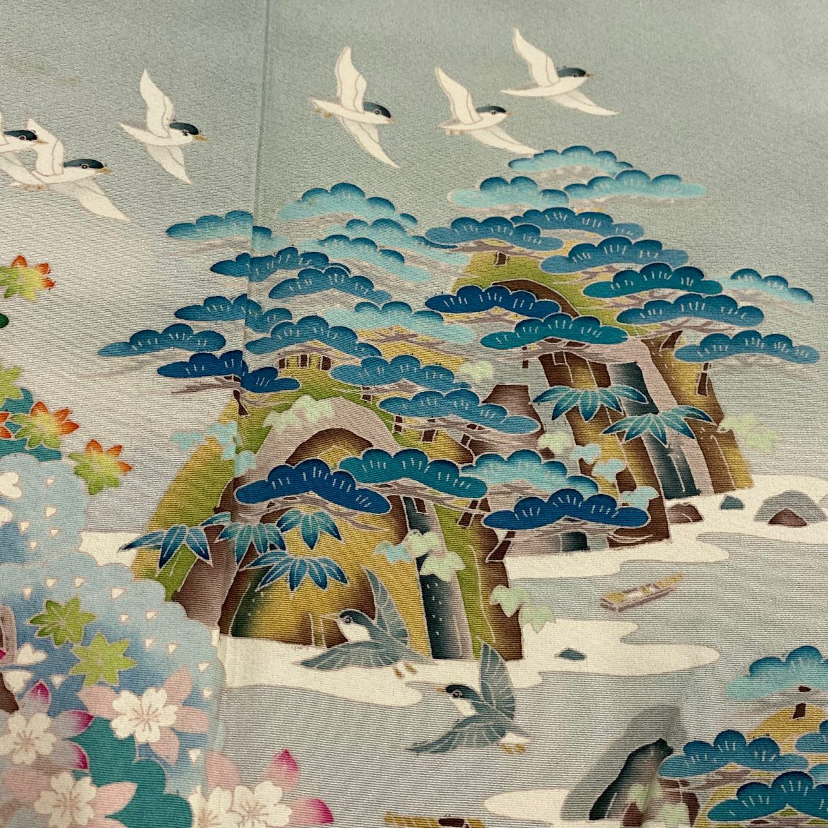 色留袖禮服 身長156cm 袖長65cm M 雙層 落款あり 海邊的風景 松樹 標漸 灰綠 純蠶絲 秀品級 一つ紋