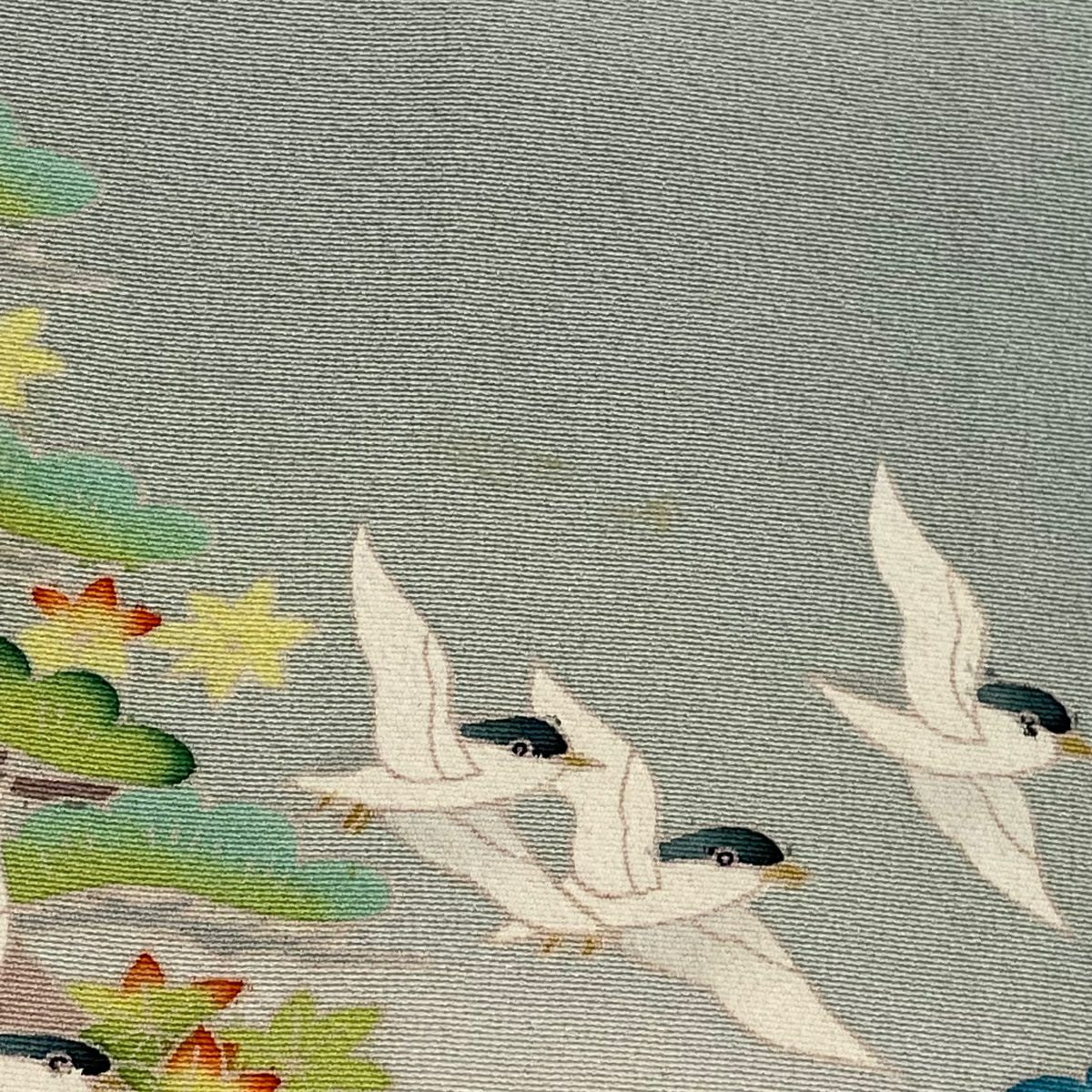 色留袖禮服 身長156cm 袖長65cm M 雙層 落款あり 海邊的風景 松樹 標漸 灰綠 純蠶絲 秀品級 一つ紋