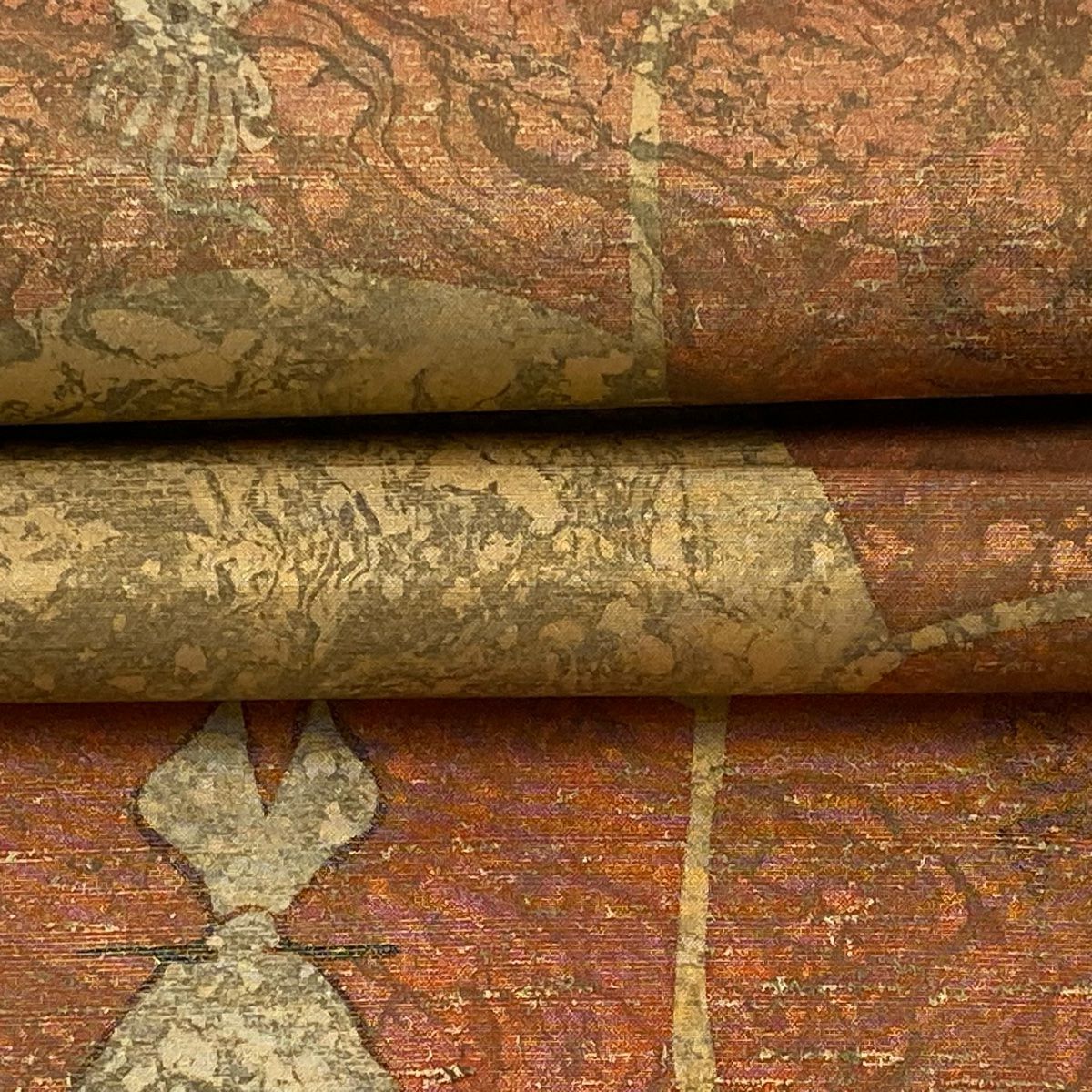 【美品】 袋帶 逸品級 有落款 有證書 牛首紬織織 蝦 蟹 金銀彩 淺橙色 六通 純蠶絲