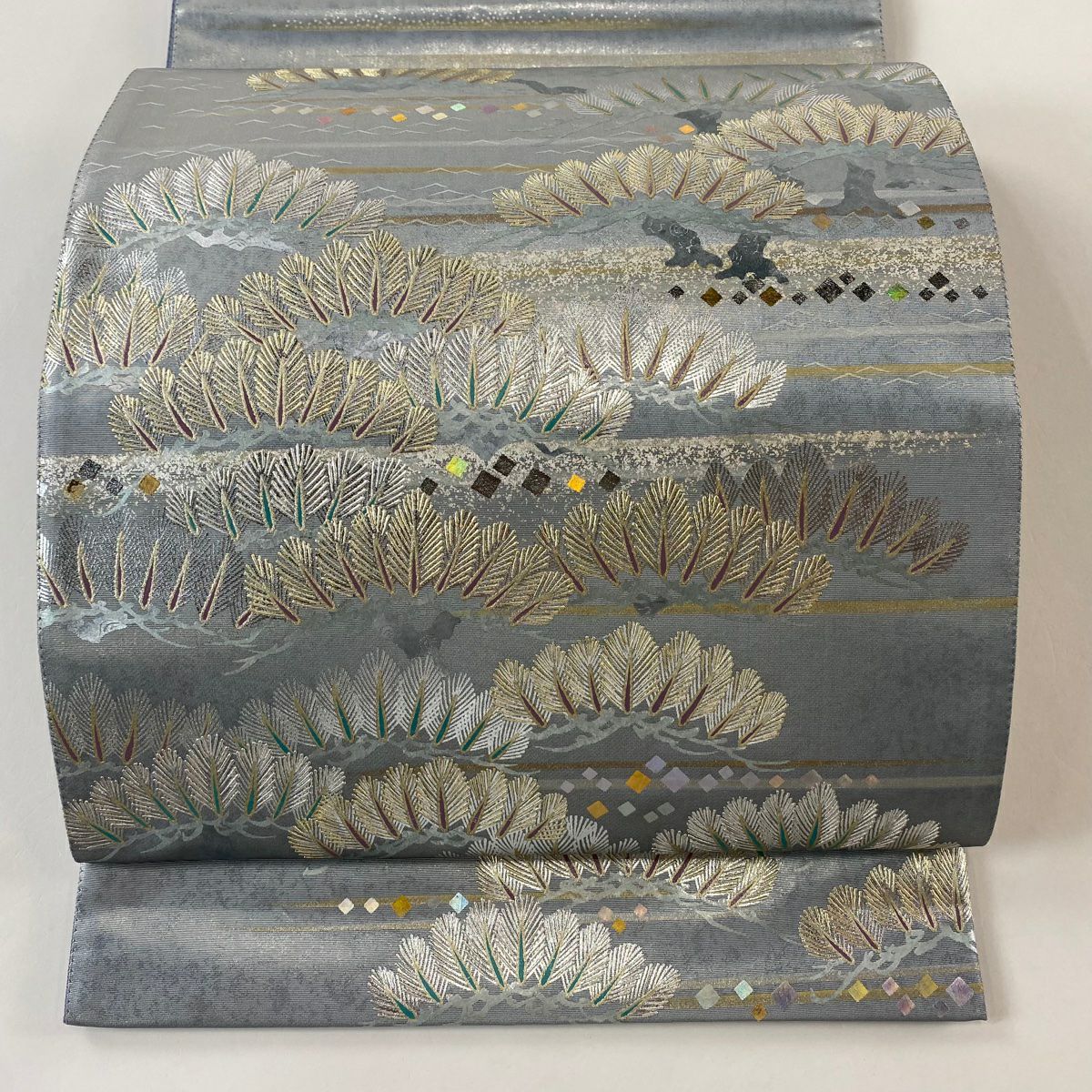 【美品】 袋帶 逸品級 堀省平 落款 笠松樹 霞 金銀彩 金金箔 青灰 純蠶絲 お太鼓柄