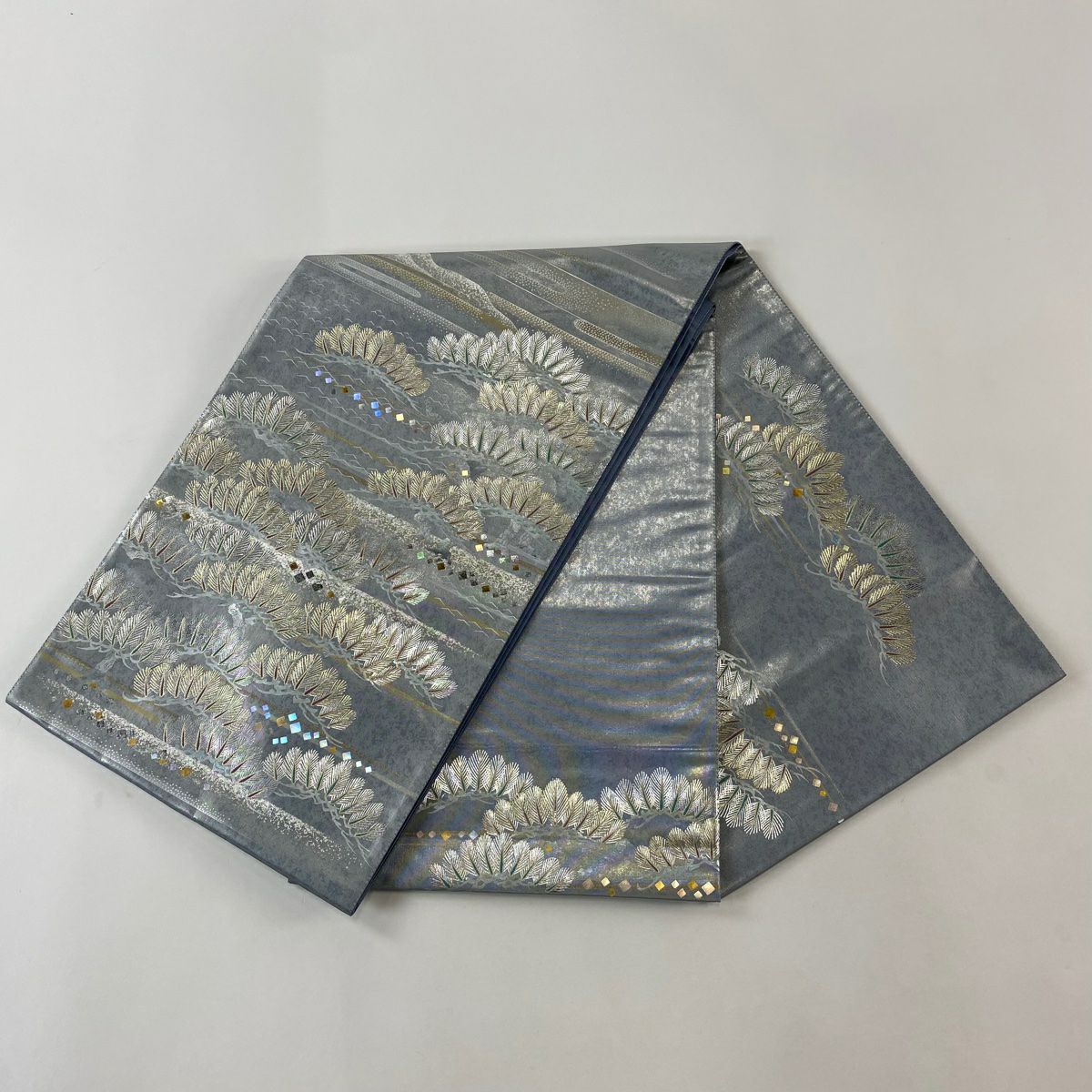 【美品】 袋帶 逸品級 堀省平 落款 笠松樹 霞 金銀彩 金金箔 青灰 純蠶絲 お太鼓柄