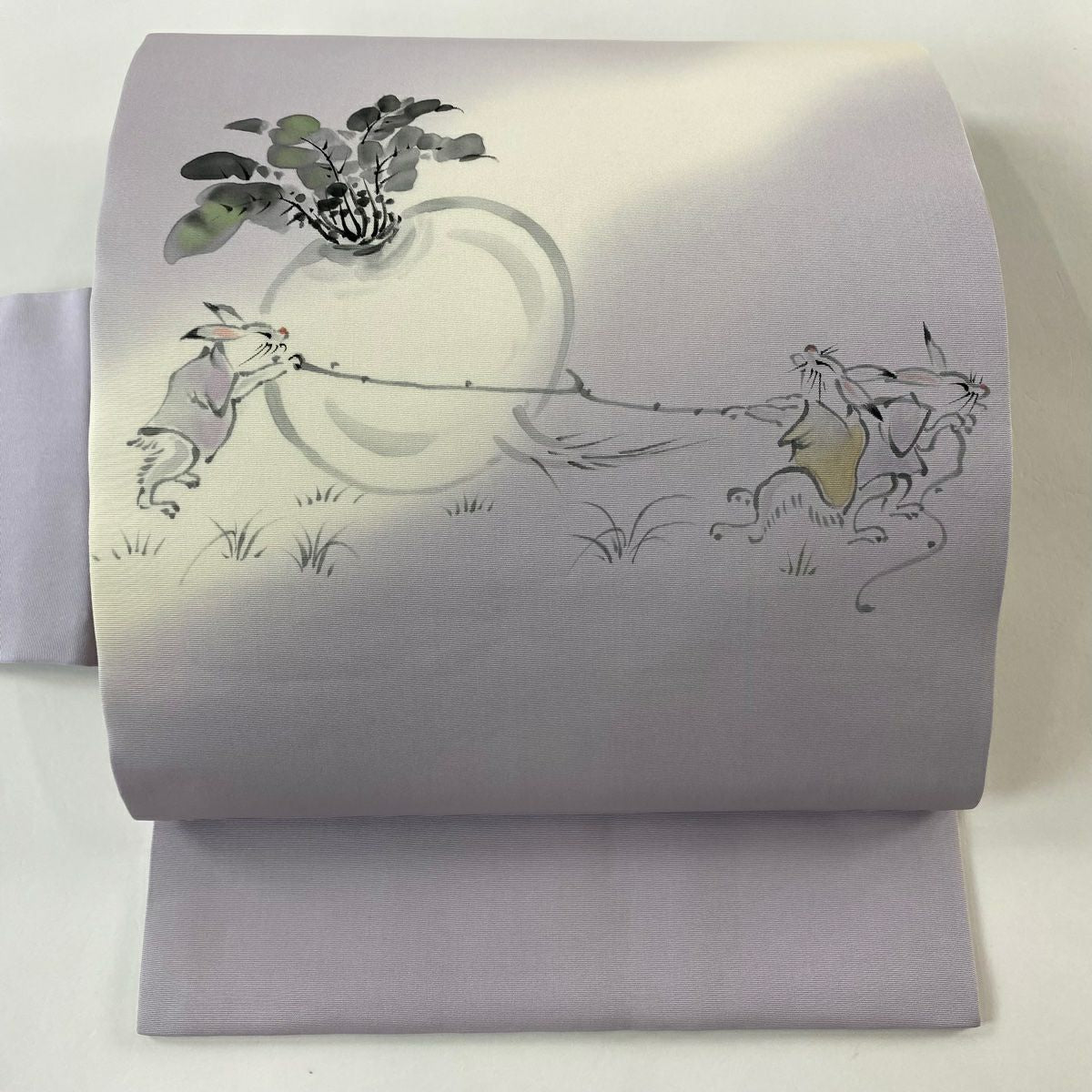 【美品】名古屋帶 逸品級 兔子 頭飾 漸層 淺紫 純蠶絲