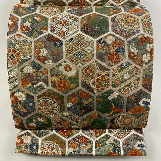 【庫存清倉】 袋帶 名品級 華紋 龜甲 金絲 刺繡 灰綠 六通 純蠶絲