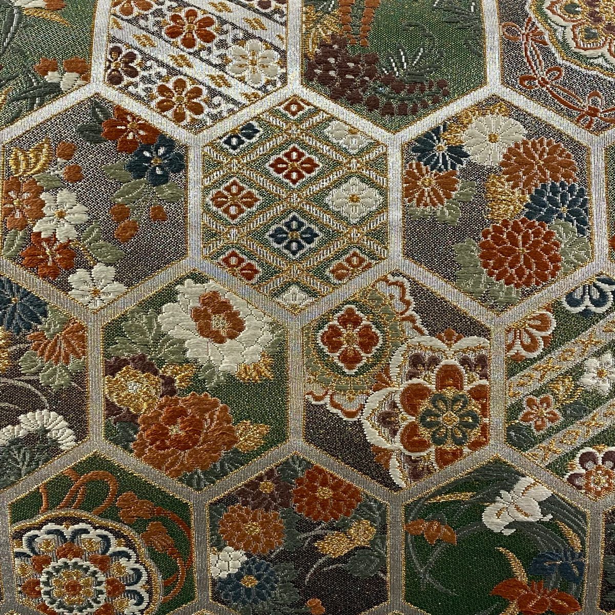【庫存清倉】 袋帶 名品級 華紋 龜甲 金絲 刺繡 灰綠 六通 純蠶絲