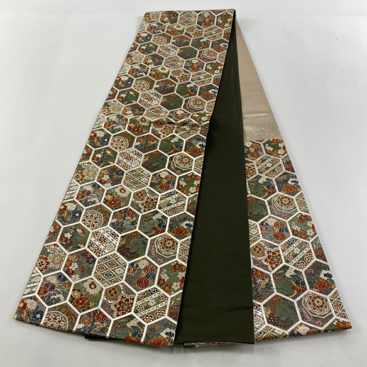 【庫存清倉】 袋帶 名品級 華紋 龜甲 金絲 刺繡 灰綠 六通 純蠶絲