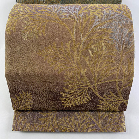 【庫存清倉】 【美品】 袋帶 名品級 葉 金銀糸 金金箔 茶 六通 純蠶絲
