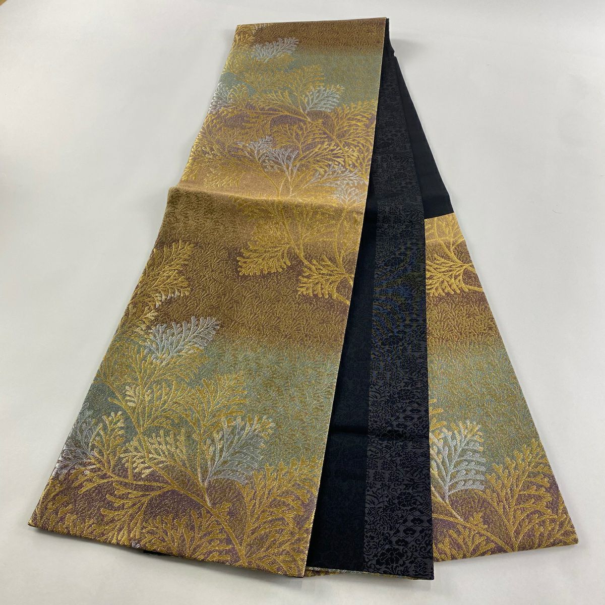 【庫存清倉】 【美品】 袋帶 名品級 葉 金銀糸 金金箔 茶 六通 純蠶絲