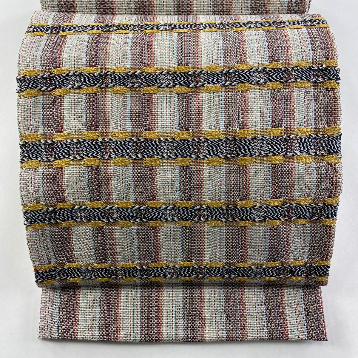 【庫存清倉】 【美品】 袋帶 名品級 條紋 銀線 灰白 大鼓圖案 純蠶絲