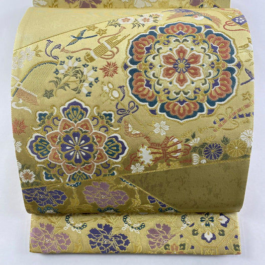 【庫存清倉】 【美品】 袋帶 名品級 華紋 樂器 金絲 金金箔 金色 六通 純蠶絲