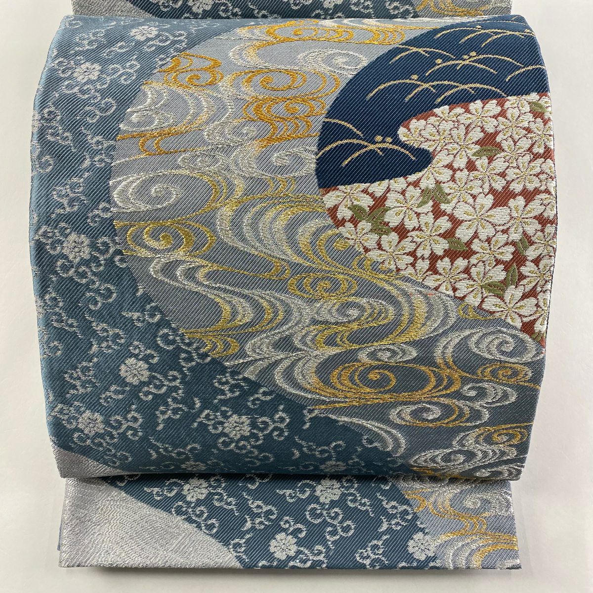 【庫存清倉】 【美品】 袋帶 名品級 櫻花 見世水 金銀絲 刺繡 青灰 六通 純蠶絲