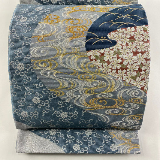 【庫存清倉】 【美品】 袋帶 名品級 櫻花 見世水 金銀絲 刺繡 青灰 六通 純蠶絲