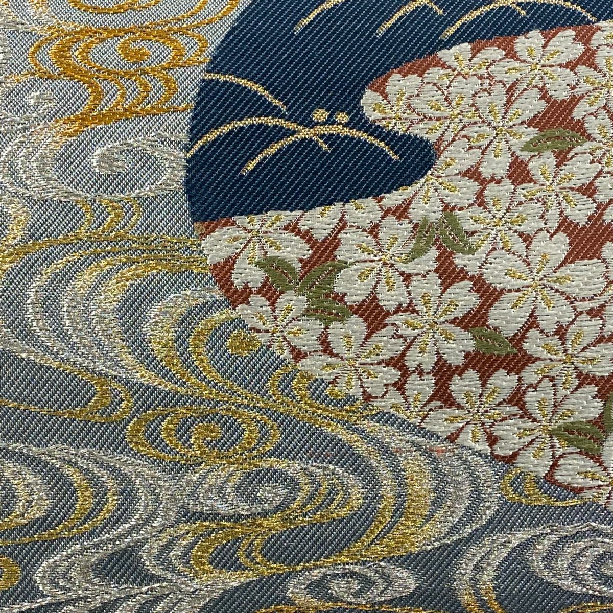 【庫存清倉】 【美品】 袋帶 名品級 櫻花 見世水 金銀絲 刺繡 青灰 六通 純蠶絲