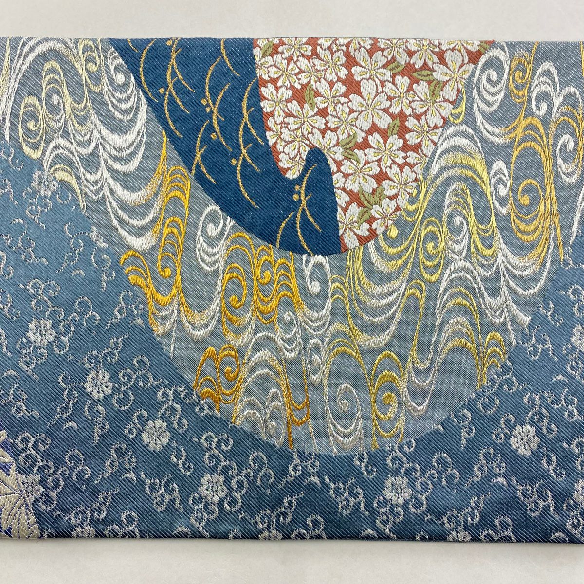 【庫存清倉】 【美品】 袋帶 名品級 櫻花 見世水 金銀絲 刺繡 青灰 六通 純蠶絲