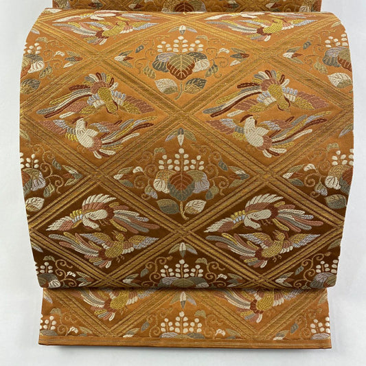 【庫存清倉】 【美品】 袋帶 名品級 河村織物 有落款 關西仕立 尾長鳥 桐 金銀糸 金金箔 茶 六通 純蠶絲