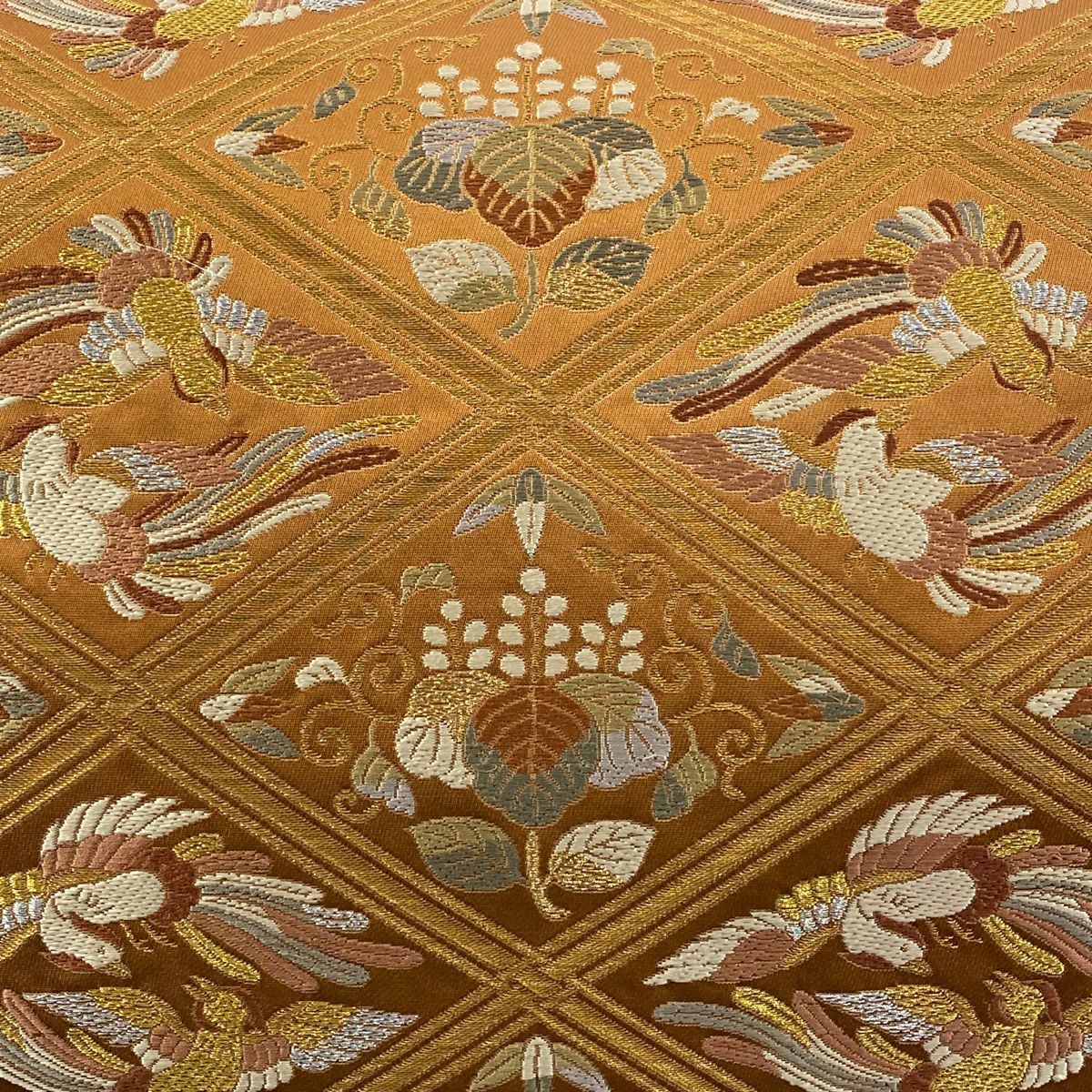 【庫存清倉】 【美品】 袋帶 名品級 河村織物 有落款 關西仕立 尾長鳥 桐 金銀糸 金金箔 茶 六通 純蠶絲