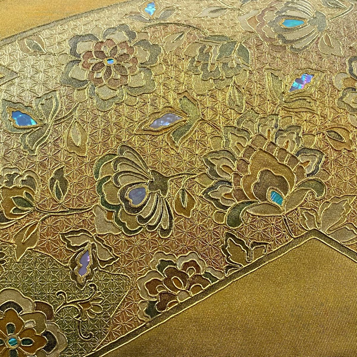 【庫存清倉】 袋帶 名品級 草花紋 花唐草紋 螺鈿 金銀彩 金色 大鼓圖案 純蠶絲