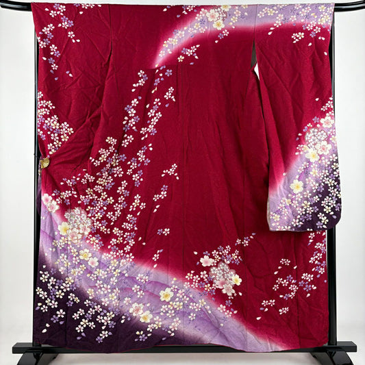 振袖禮服 身長156cm 袖長67cm M 雙層 櫻花 金絲 銀彩 紅 純蠶絲 逸品級