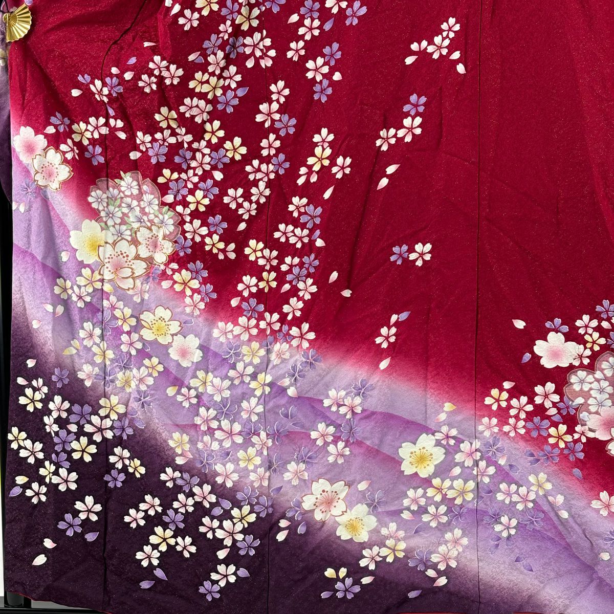 振袖禮服 身長156cm 袖長67cm M 雙層 櫻花 金絲 銀彩 紅 純蠶絲 逸品級