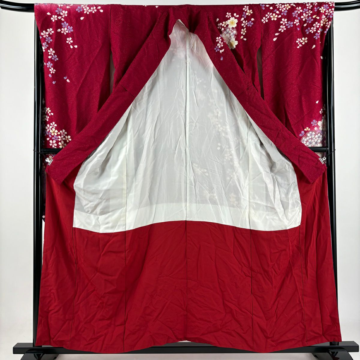 振袖禮服 身長156cm 袖長67cm M 雙層 櫻花 金絲 銀彩 紅 純蠶絲 逸品級