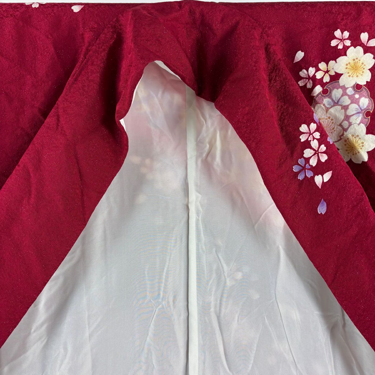 振袖禮服 身長156cm 袖長67cm M 雙層 櫻花 金絲 銀彩 紅 純蠶絲 逸品級