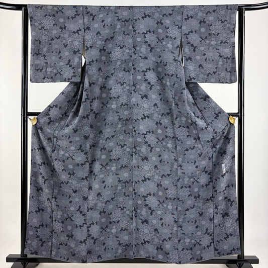 【美品】 江戶小紋 身長156cm 袖長62cm S 雙層 人間國寶 中村勇二郎 落款 花 寄紋 黑灰 純蠶絲 逸品級