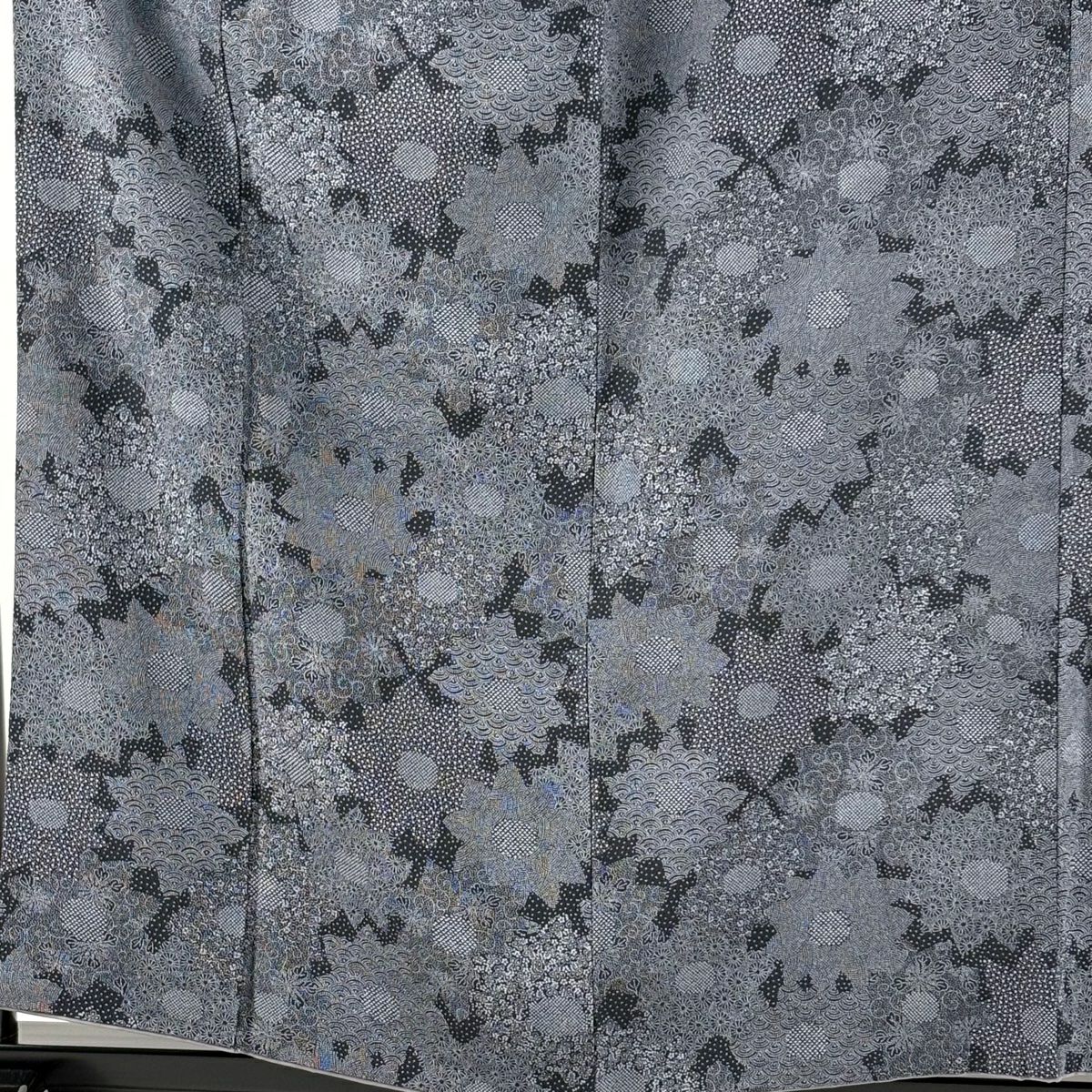 【美品】 江戶小紋 身長156cm 袖長62cm S 雙層 人間國寶 中村勇二郎 落款 花 寄紋 黑灰 純蠶絲 逸品級