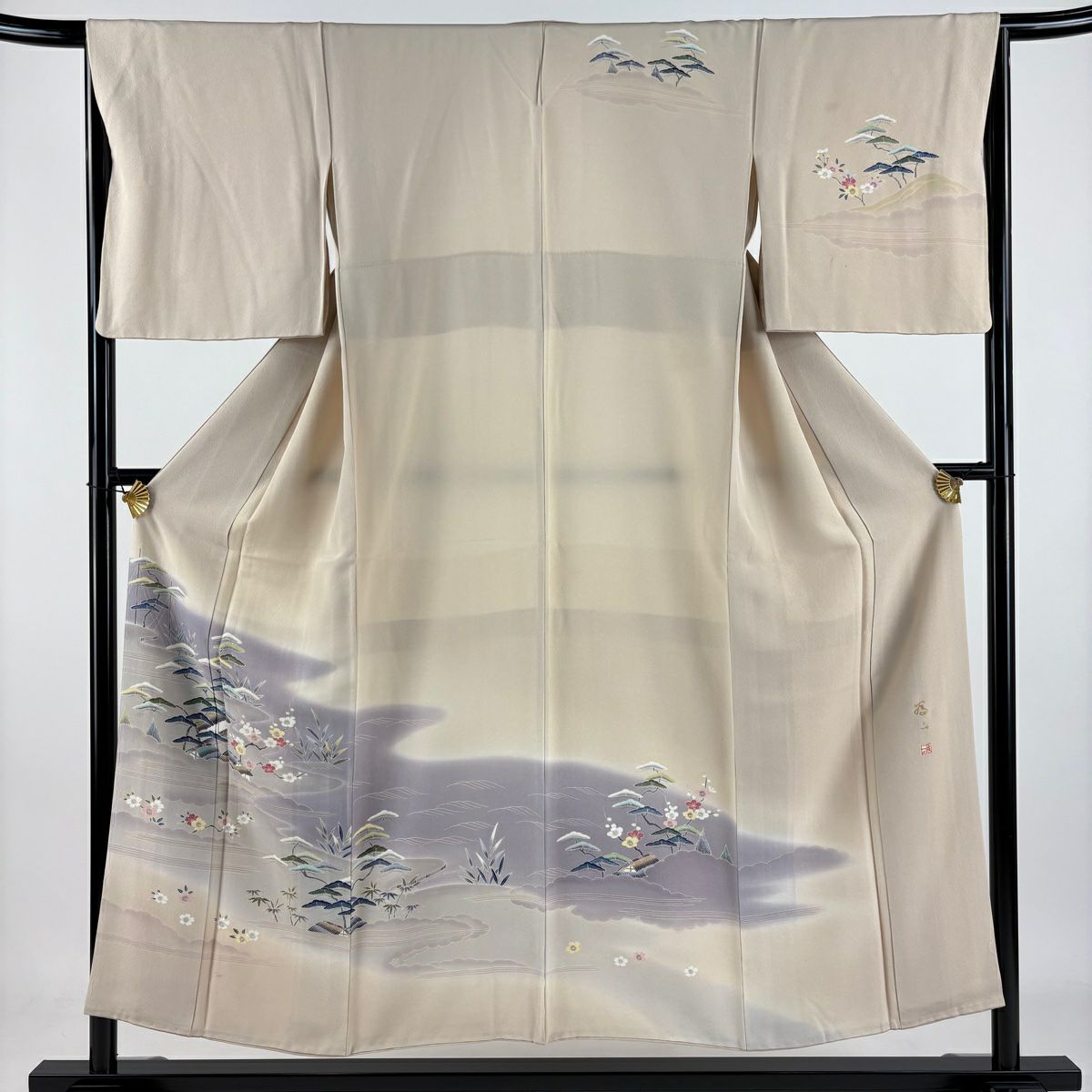 訪問服 身長152cm 袖長65cm M 雙層 上野為二 落款あり 家屋 松樹竹子梅花 染分 ぼかし 米色 純蠶絲 逸品級