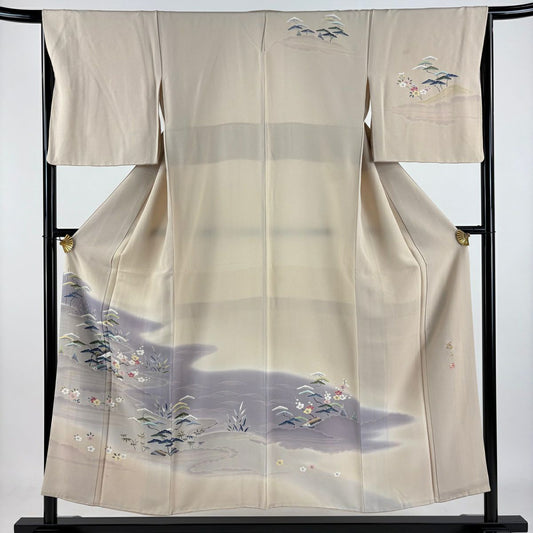 訪問服 身長152cm 袖長65cm M 雙層 上野為二 落款あり 家屋 松樹竹子梅花 染分 ぼかし 米色 純蠶絲 逸品級