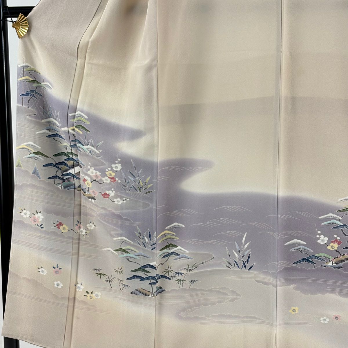 訪問服 身長152cm 袖長65cm M 雙層 上野為二 落款あり 家屋 松樹竹子梅花 染分 ぼかし 米色 純蠶絲 逸品級