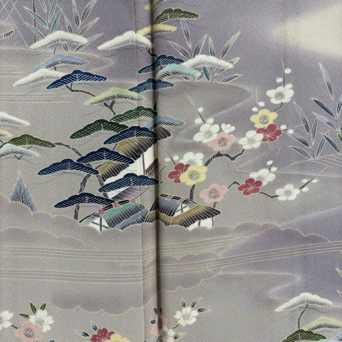 訪問服 身長152cm 袖長65cm M 雙層 上野為二 落款あり 家屋 松樹竹子梅花 染分 ぼかし 米色 純蠶絲 逸品級