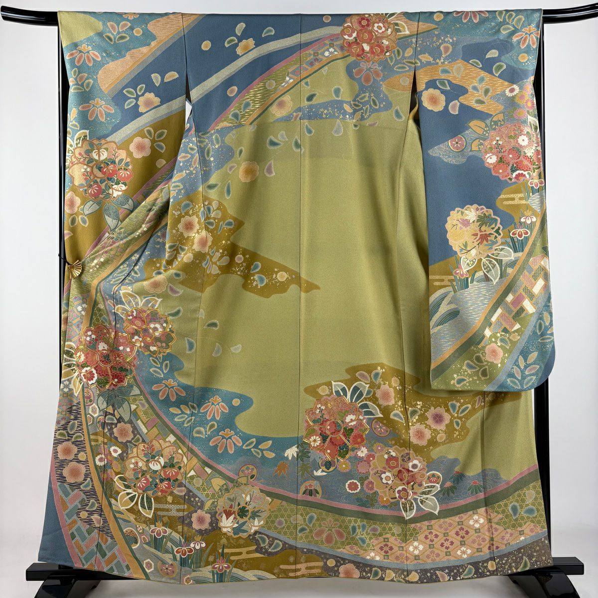 振袖禮服 身長161cm 袖長66.5cm M 雙層 春峰 落款 櫻花 霞 金絲 金銀彩 蓬色 純蠶絲 逸品級