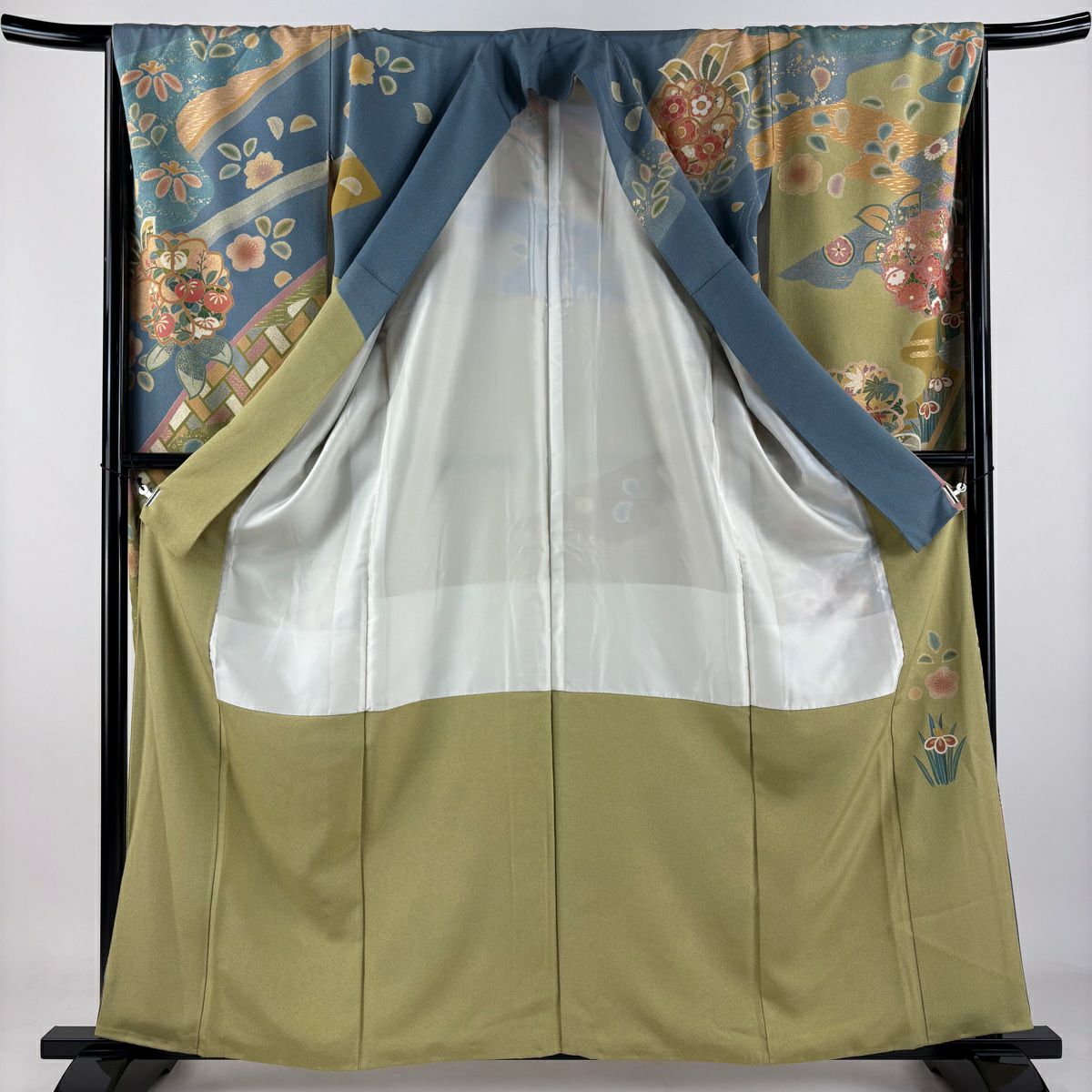 振袖禮服 身長161cm 袖長66.5cm M 雙層 春峰 落款 櫻花 霞 金絲 金銀彩 蓬色 純蠶絲 逸品級