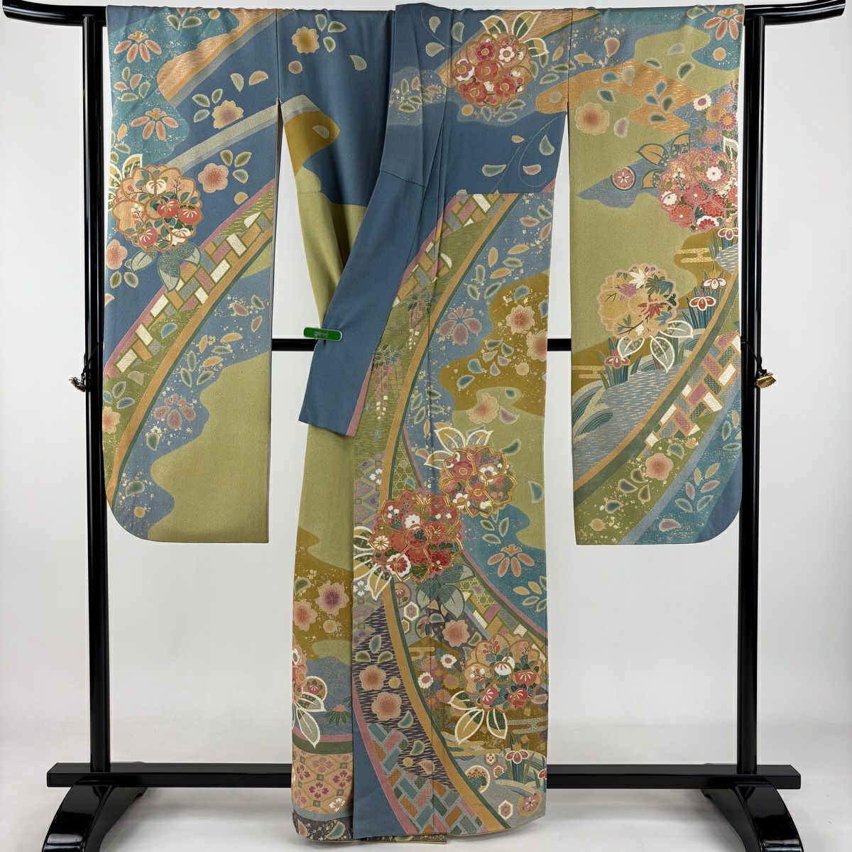 振袖禮服 身長161cm 袖長66.5cm M 雙層 春峰 落款 櫻花 霞 金絲 金銀彩 蓬色 純蠶絲 逸品級