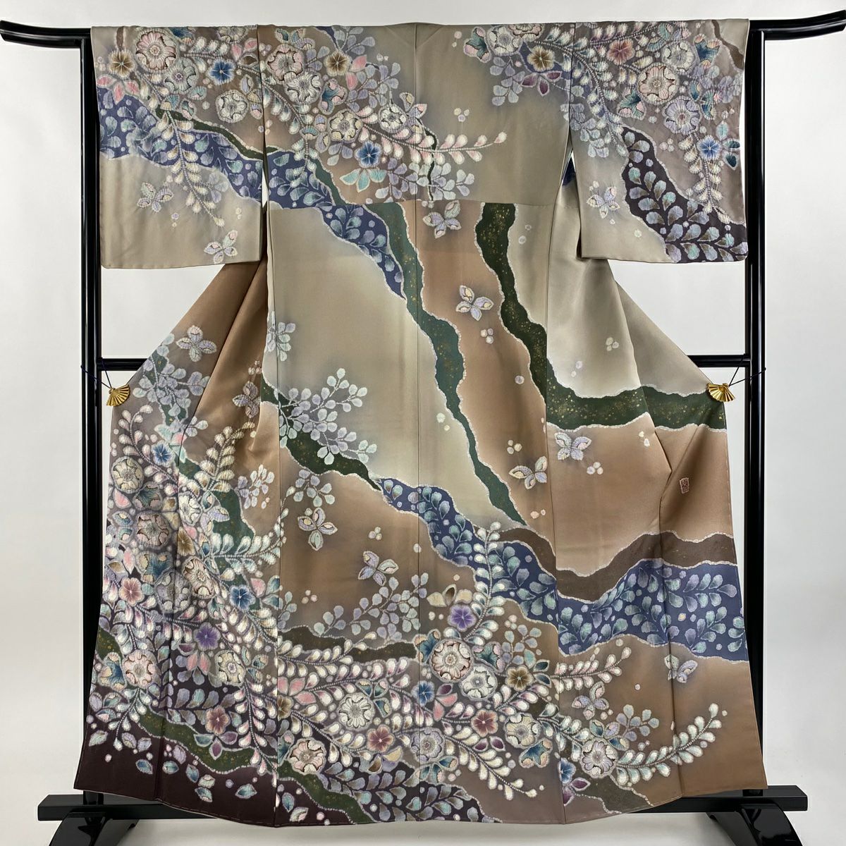 訪問服 身長160cm 袖長64cm M 雙層 翠山工房 落款あり 辻花染 銀通 金銀彩 薄茶 純蠶絲 逸品級
