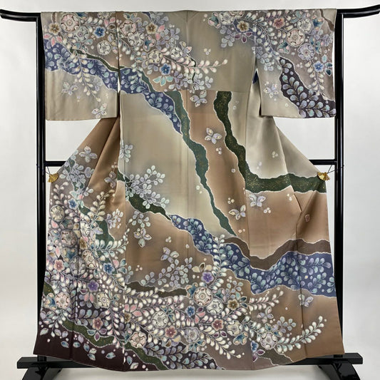 訪問服 身長160cm 袖長64cm M 雙層 翠山工房 落款あり 辻花染 銀通 金銀彩 薄茶 純蠶絲 逸品級