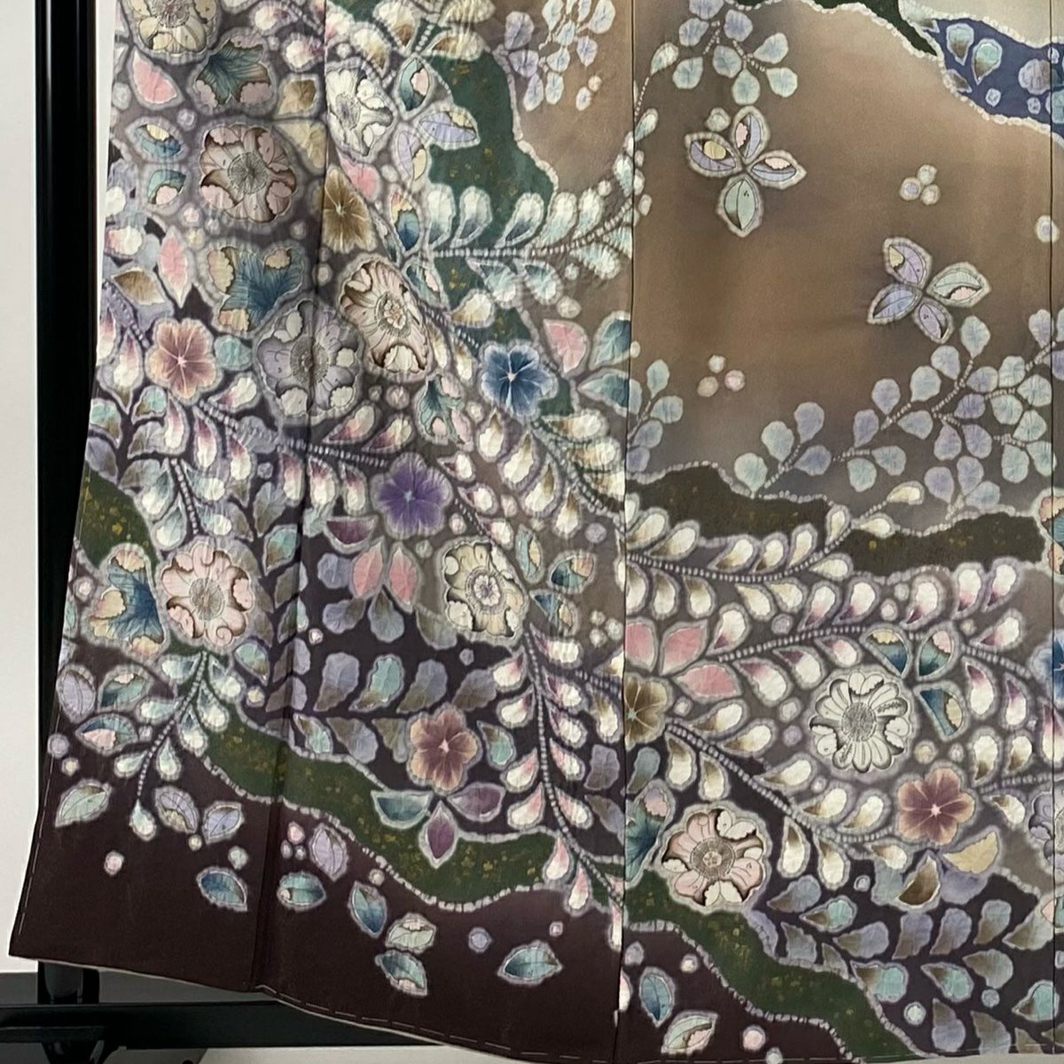 訪問服 身長160cm 袖長64cm M 雙層 翠山工房 落款あり 辻花染 銀通 金銀彩 薄茶 純蠶絲 逸品級