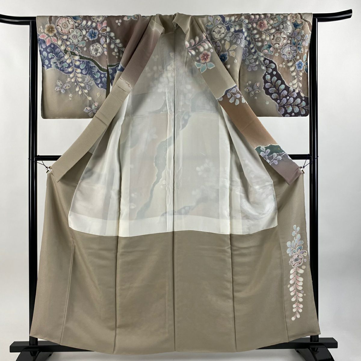 訪問服 身長160cm 袖長64cm M 雙層 翠山工房 落款あり 辻花染 銀通 金銀彩 薄茶 純蠶絲 逸品級